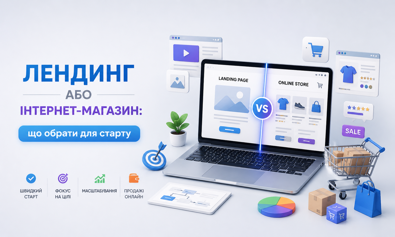 Обкладинка статті: Лендинг або інтернет-магазин: що обрати для старту